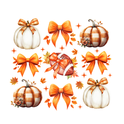 A charming collection of autumn-themed decorations featuring white and orange pumpkins, festive bows, and a football, perfect for fall celebrations. heat press transfers