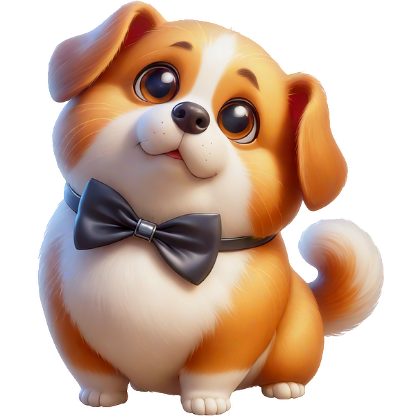 Adorable cartoon dog with a shiny coat, big expressive eyes, and a stylish black bow tie. Perfectly charming! dtf prints