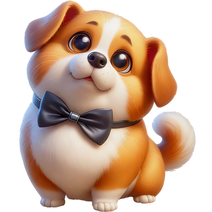 Adorable cartoon dog with a shiny coat, big expressive eyes, and a stylish black bow tie. Perfectly charming! dtf prints