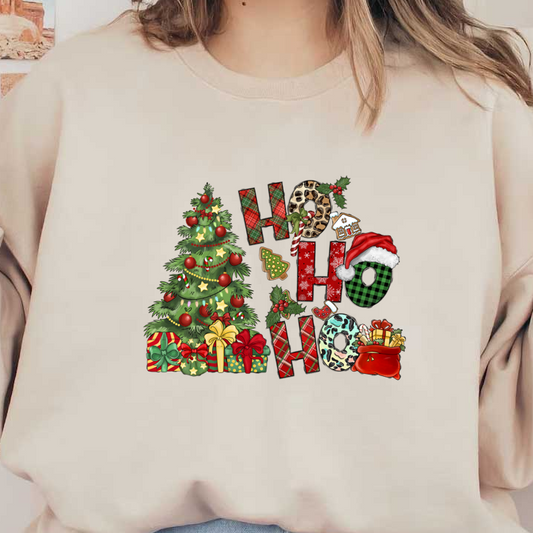 Festive illustration featuring a decorated Christmas tree, colorful presents, and "HO HO HO" text adorned with holiday elements.DTF Transfersdtf regular irondtf regular iron