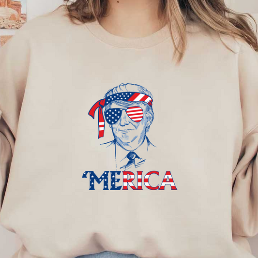 Un diseño gráfico atrevido que presenta una figura patriótica con gafas de sol con estrellas y rayas, y la palabra 'MERICA'.