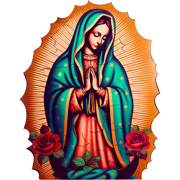 A vibrant depiction of the Virgin Mary, adorned with turquoise and red robes, surrounded by roses and radiant golden rays. heat press transfers