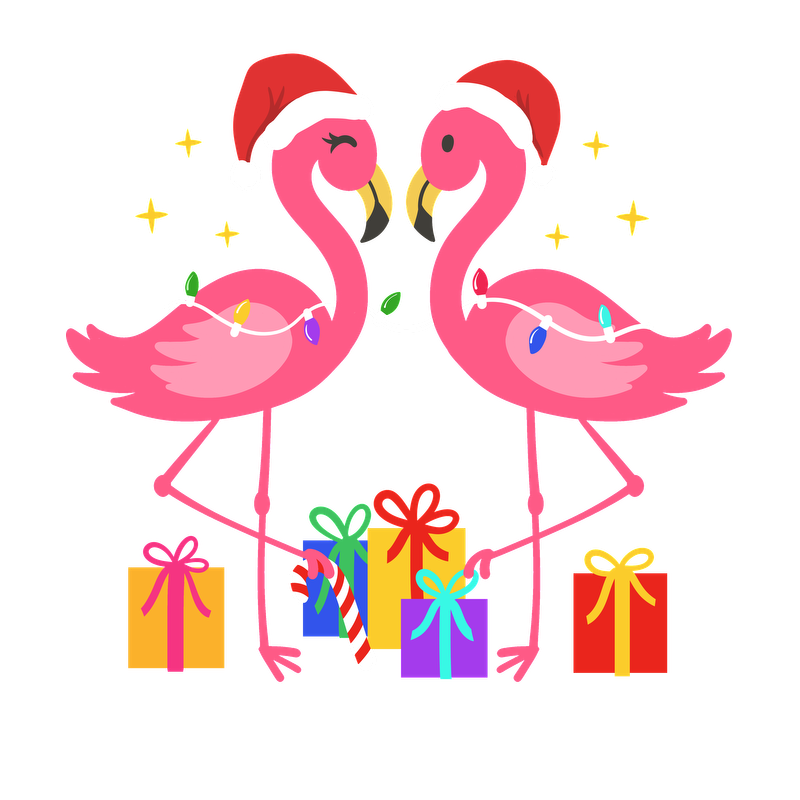 Two playful pink flamingos wearing Santa hats, surrounded by colorful presents, spread holiday cheer with festive lights and candy canes.DTF Transfers