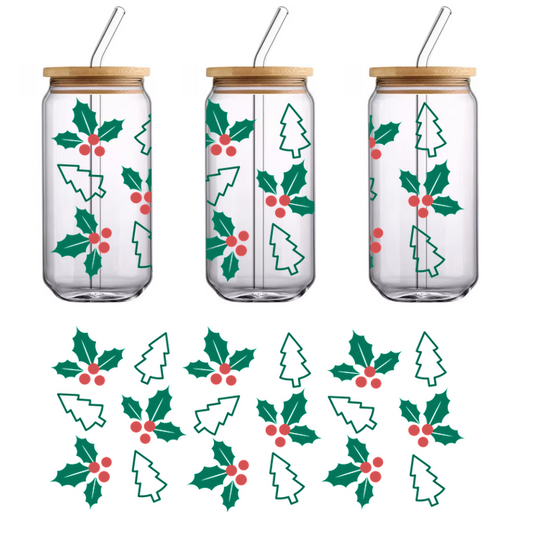 A festive pattern featuring holly leaves with red berries and Christmas trees, perfect for holiday decorations.UV Transfers heat press transfers