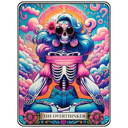A vibrant, psychedelic illustration of a skeleton named "The Overthinker," adorned with flowers and surrounded by colorful clouds and question marks. dtf transfers