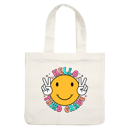 Colorful graphic featuring a cheerful smiley face with "Hello Third Grade" text, celebrating positivity and school spirit.DTF Transfers