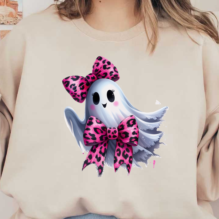 Un simpático fantasma caricaturesco adornado con grandes lazos con estampado de leopardo rosa, que irradia un encanto divertido y caprichoso.