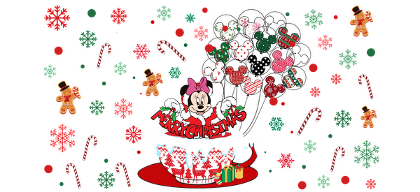 Celebrate the holiday spirit with this cheerful Christmas design featuring Minnie Mouse in a festive cup surrounded by candy canes and ornaments!UV Transfers heat press transfers