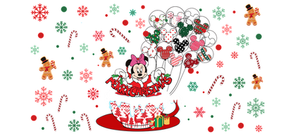 Celebrate the holiday spirit with this cheerful Christmas design featuring Minnie Mouse in a festive cup surrounded by candy canes and ornaments!UV Transfers heat press transfers