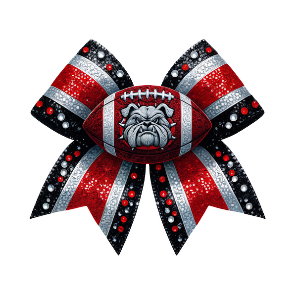 A vibrant, decorative bow featuring a football design with a bulldog and sparkling gems in red, black, and silver.DTF Transfers dtf prints