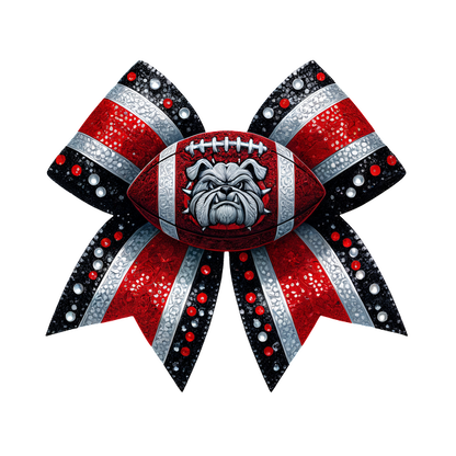 A vibrant, decorative bow featuring a football design with a bulldog and sparkling gems in red, black, and silver.DTF Transfers dtf prints