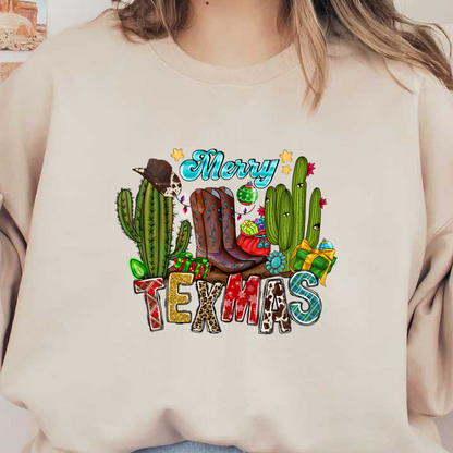 Celebrate the festive season with this colorful "Merry TEXMAS" design featuring cowboy boots, cacti, gifts, and holiday ornaments!DTF Transfers dtf transfersdtf regular iron