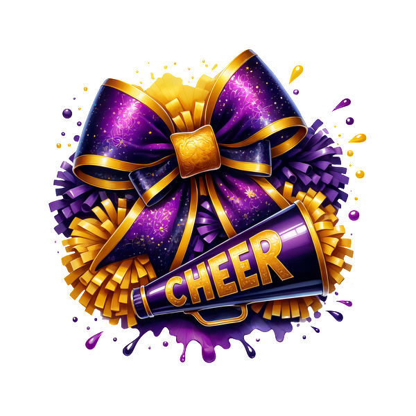 A vibrant cheerleading graphic featuring a purple and gold bow, pom-poms, and a megaphone with the word "CHEER."DTF Transfers heat press transfers
