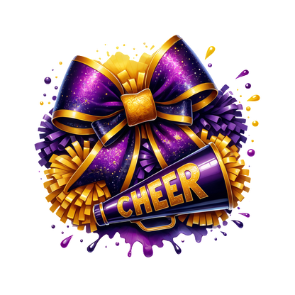 A vibrant cheerleading graphic featuring a purple and gold bow, pom-poms, and a megaphone with the word "CHEER."DTF Transfers heat press transfers