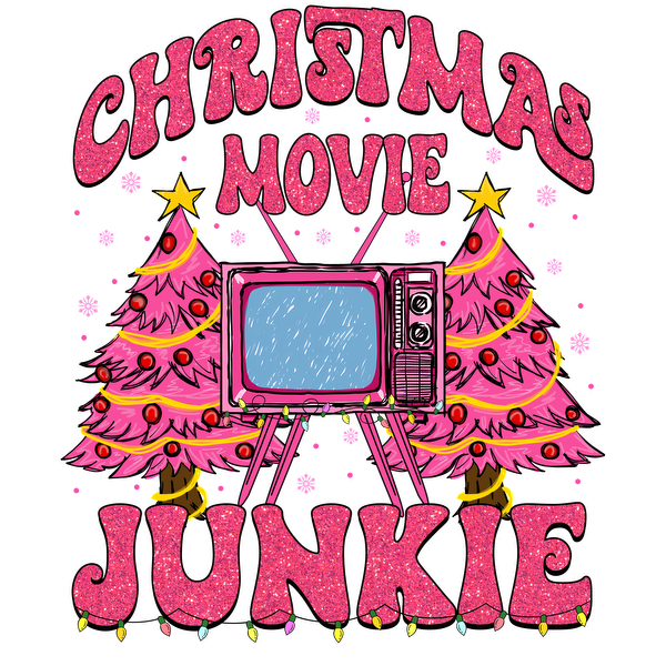 Celebrate the holiday spirit with this fun graphic featuring a retro TV, Christmas trees, and the phrase "Christmas Movie Junkie." dtf prints