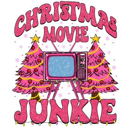 Celebrate the holiday spirit with this fun graphic featuring a retro TV, Christmas trees, and the phrase "Christmas Movie Junkie." dtf prints