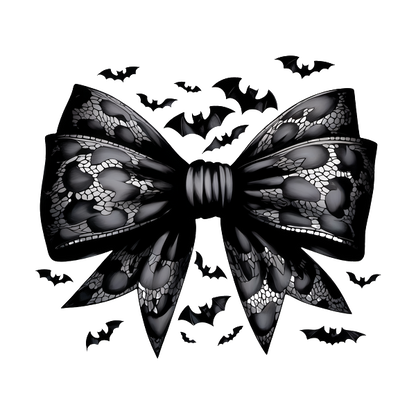 Un elegante lazo de encaje negro adornado con patrones de murciélagos, perfecto para darle un toque espeluznante pero a la moda.
