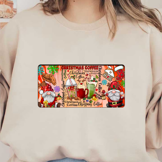 Festively designed Christmas Coffee illustration featuring joyful elements like Santa, colorful drinks, cookies, and holiday decorations.DTF Transfers