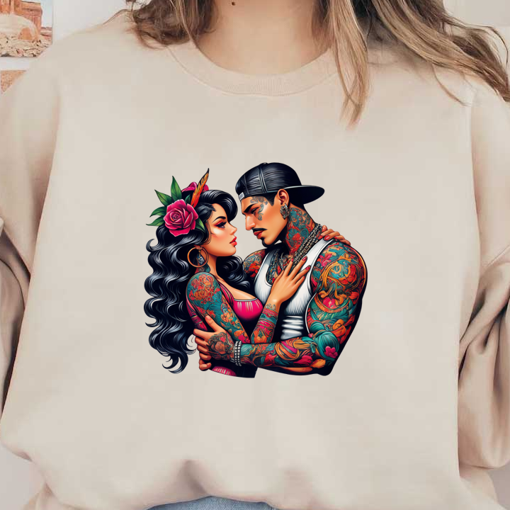 A vibrant tattooed couple shares an intimate moment, adorned with colorful body art and surrounded by lush floral accents.DTF Transfers heat press transfers