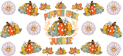 A vibrant fall-themed design featuring colorful pumpkins, cheerful daisies, and the phrase "Pumpkin Spice Junkie," perfect for autumn lovers.UV Transfers heat press transfers