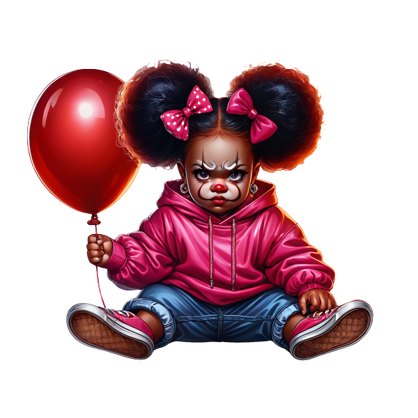 Una niña payaso juguetona con cabello grande se sienta sosteniendo un globo rojo, viste una sudadera con capucha rosa y jeans azules.