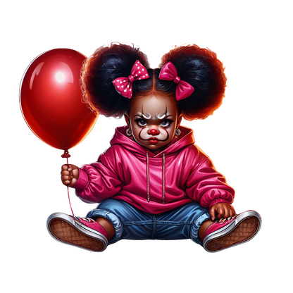 Una niña payaso juguetona con cabello grande se sienta sosteniendo un globo rojo, viste una sudadera con capucha rosa y jeans azules.