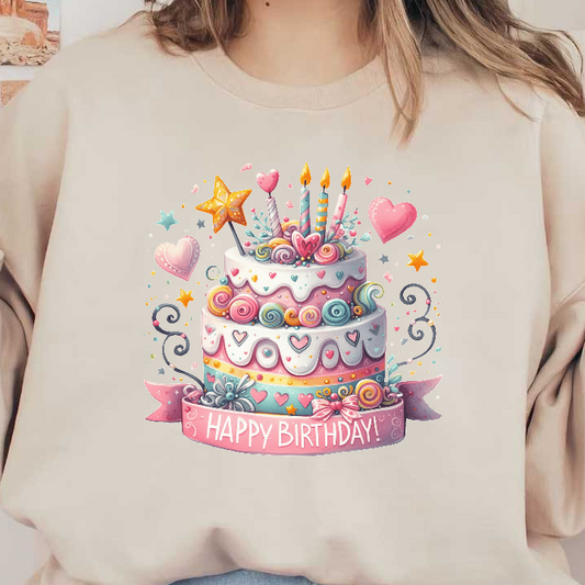 Celebrate with this colorful three-tier birthday cake adorned with vibrant swirls, candles, and a cheerful "Happy Birthday!" banner.DTF Transfers