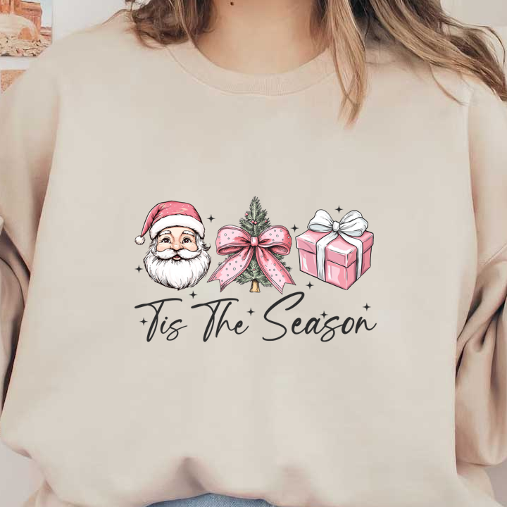 Celebrate the season with a festive design featuring Santa, a decorated Christmas tree, a gift, and cheerful lettering. heat press transfers