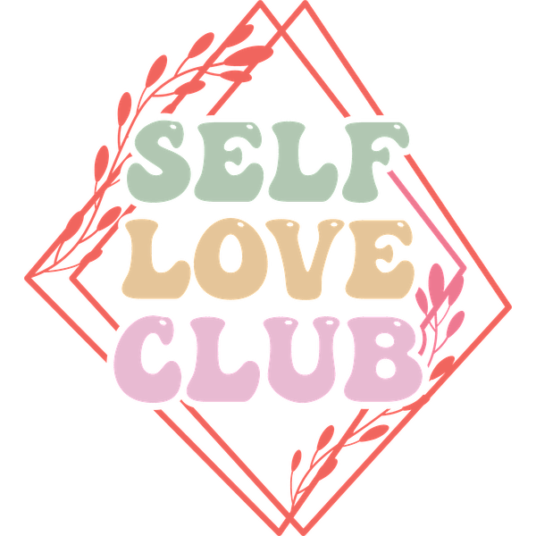 Un logotipo vibrante y colorido que presenta la frase "Self Love Club" adornado con elementos florales y un fondo geométrico.