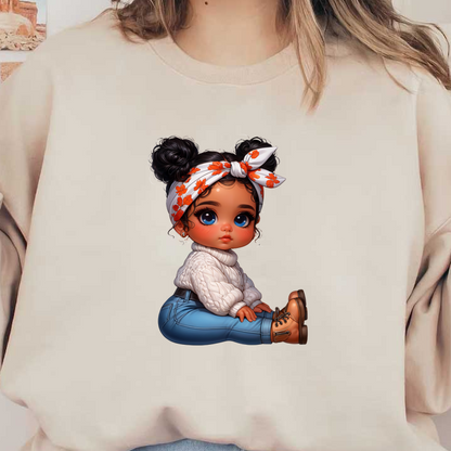 Adorable illustration of a young girl in a cozy white sweater and blue jeans, accessorized with a floral headband and stylish boots.dtf regular iron