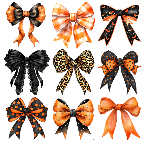 A vibrant collection of nine diverse bows featuring various colors, patterns, and textures, perfect for festive occasions. dtf prints