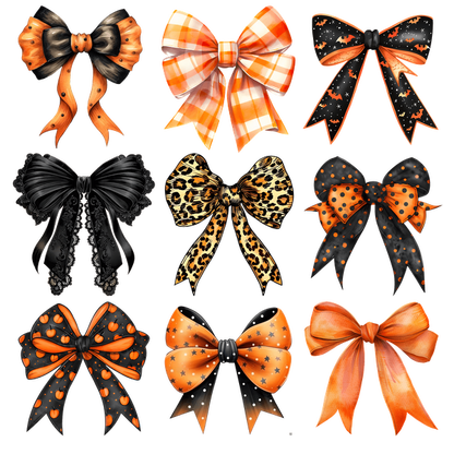 A vibrant collection of nine diverse bows featuring various colors, patterns, and textures, perfect for festive occasions. dtf prints