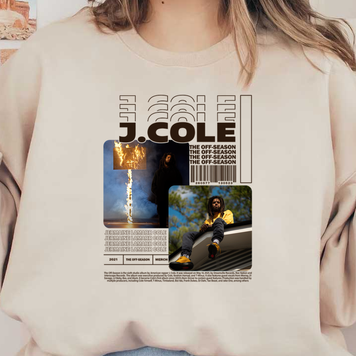 Un gráfico promocional dinámico que presenta a J. Cole en medio de imágenes espectaculares, mostrando su estilo distintivo y el álbum "The Off-Season". Transferencias DTF