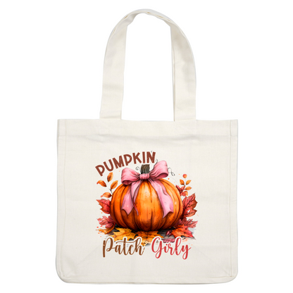 A charming illustration of a pumpkin adorned with a pink bow, surrounded by colorful autumn leaves and playful lettering. dtf prints