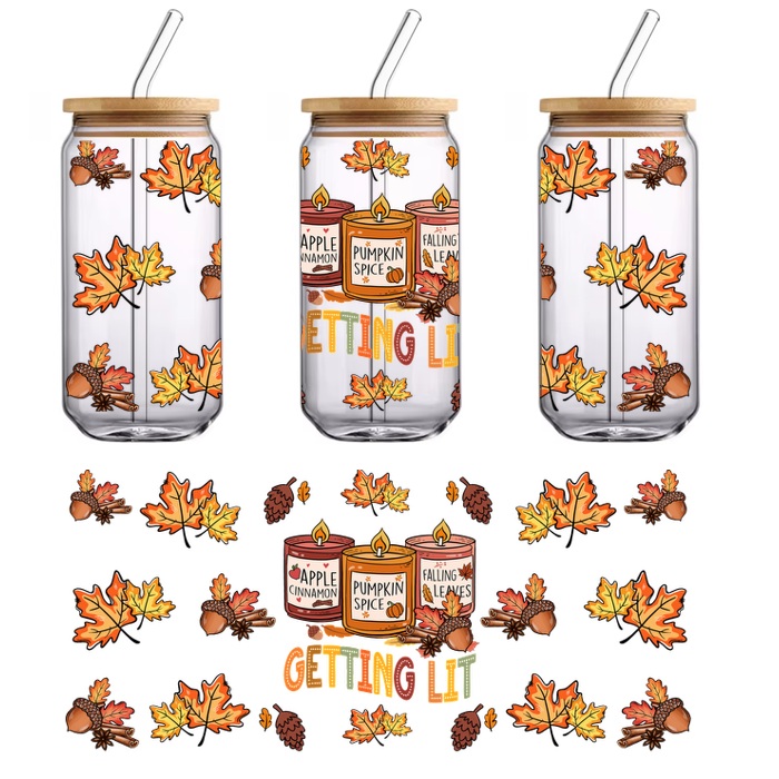 Celebrate fall with these cozy scented candles: Apple Cinnamon, Pumpkin Spice, and Falling Leaves, framed by autumn leaves and acorns.UV Transfers heat press transfers