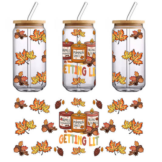 Celebrate fall with these cozy scented candles: Apple Cinnamon, Pumpkin Spice, and Falling Leaves, framed by autumn leaves and acorns.UV Transfers heat press transfers