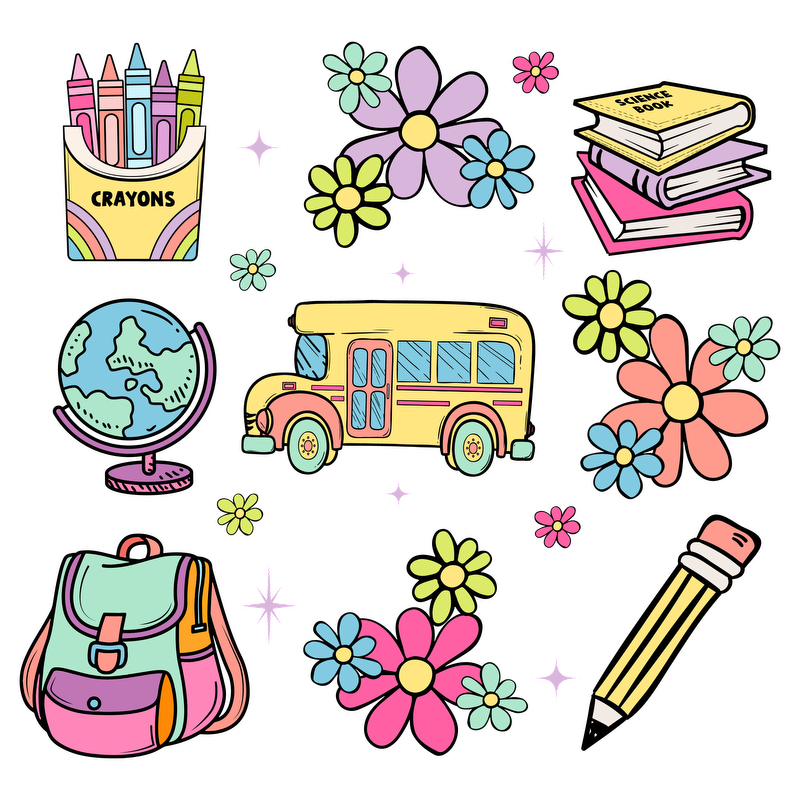A vibrant school-themed illustration featuring crayons, a globe, books, a yellow school bus, a backpack, flowers, and a pencil.DTF Transfers