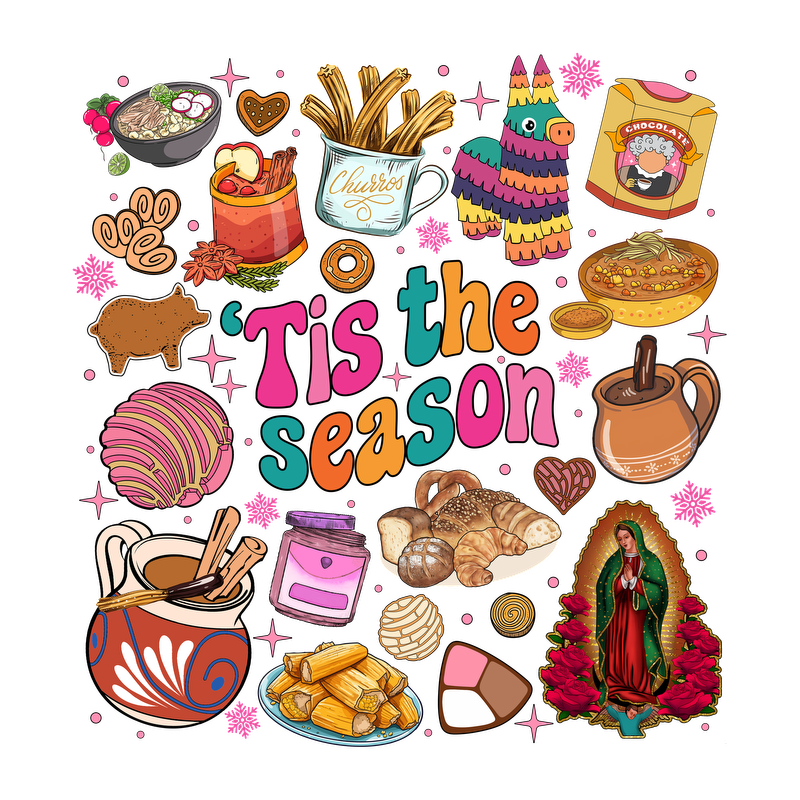 Celebrate the season with this vibrant design featuring festive treats, traditional foods, and colorful decorations that evoke holiday joy!DTF Transfers dtf transfers dtf prints