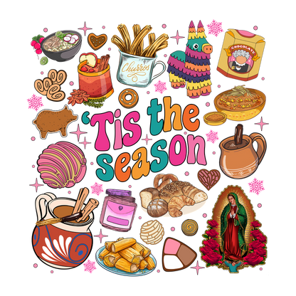 Celebrate the season with this vibrant design featuring festive treats, traditional foods, and colorful decorations that evoke holiday joy!DTF Transfers dtf transfers dtf prints