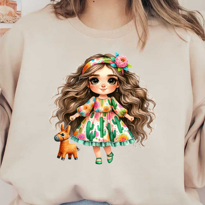 Una encantadora niña de dibujos animados con un colorido vestido con estampado de cactus, cabello largo y rizado y una diadema floral, sosteniendo una piñata.