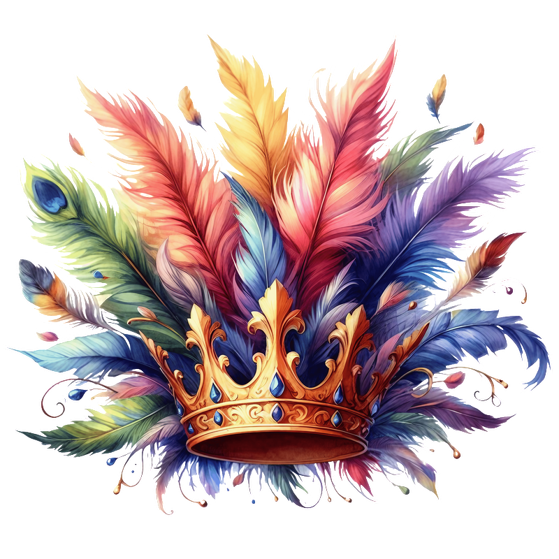 A vibrant crown surrounded by colorful, artistic feathers, featuring shades of blue, pink, and gold for a regal touch.DTF Transfers