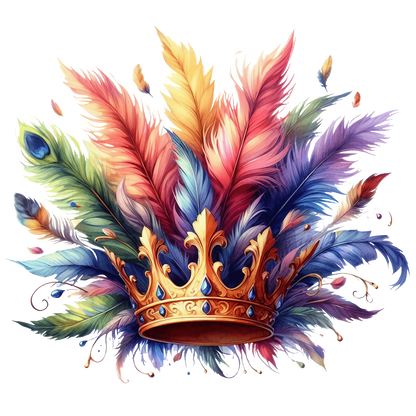 A vibrant crown surrounded by colorful, artistic feathers, featuring shades of blue, pink, and gold for a regal touch.DTF Transfers