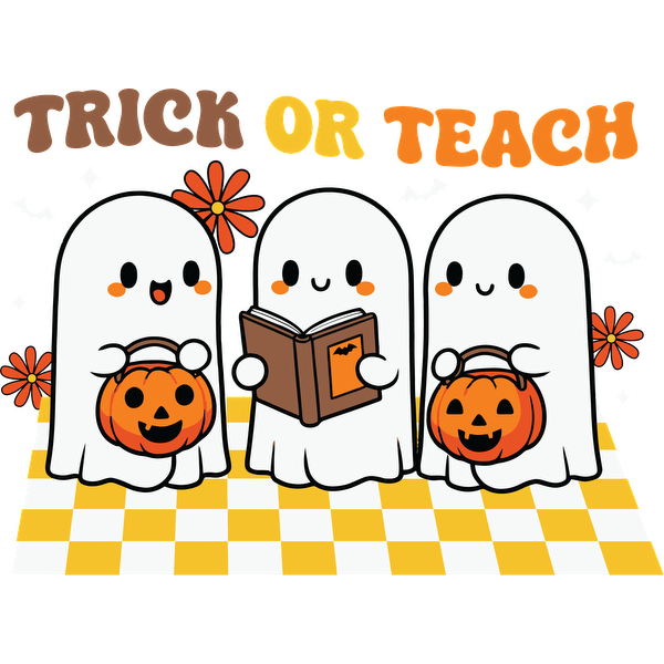 Tres simpáticos fantasmas celebran Halloween con cestas de calabaza, rodeados de decoraciones divertidas y sosteniendo un libro que presenta "Trick or Teach".