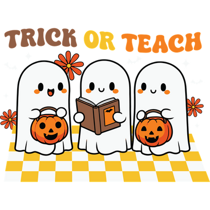 Tres simpáticos fantasmas celebran Halloween con cestas de calabaza, rodeados de decoraciones divertidas y sosteniendo un libro que presenta "Trick or Teach".