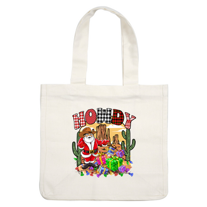 A cheerful Santa Claus dressed in western attire, surrounded by colorful gifts and cacti, with a "Howdy" greeting in vibrant letters. heat press transfers