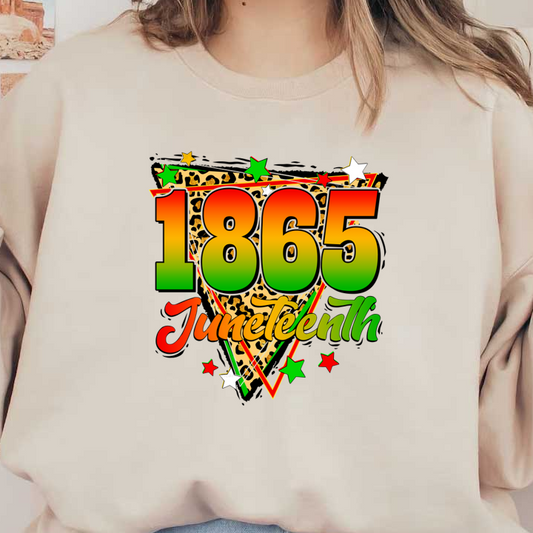 A vibrant design celebrating Juneteenth, featuring the year "1865" with bold colors, animal print, and festive stars. dtf prints