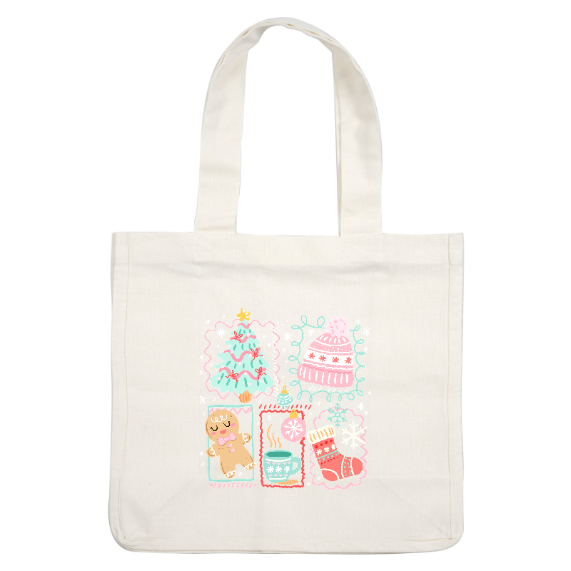 A cheerful holiday illustration featuring a Christmas tree, gingerbread, and cozy items.DTF Transfers