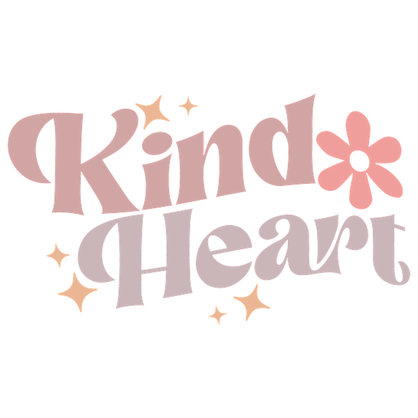 Un diseño divertido y colorido que presenta las palabras "Kind Heart" junto con una flor y brillos.