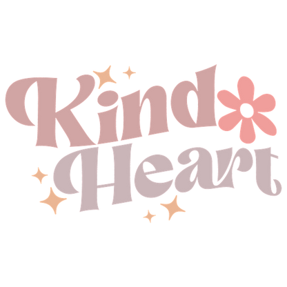 Un diseño divertido y colorido que presenta las palabras "Kind Heart" junto con una flor y brillos.