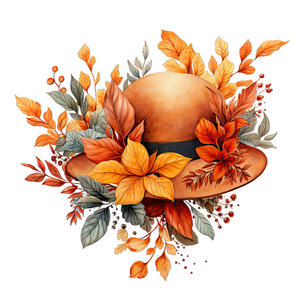 A charming orange hat adorned with vibrant autumn leaves and flowers, perfect for celebrating the fall season. dtf prints